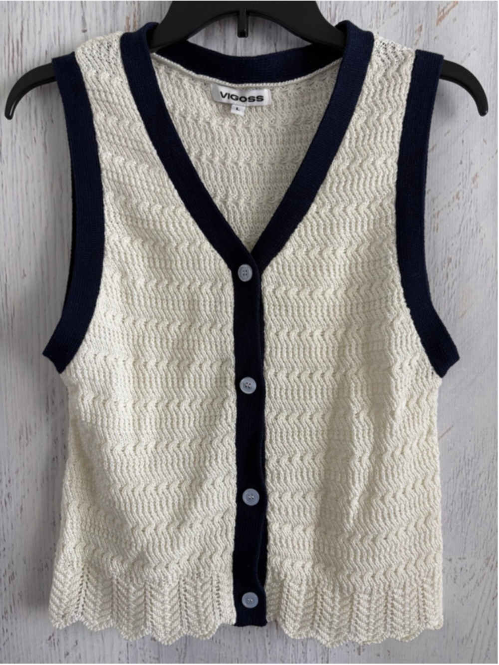 Women's VIGOSS Knit/Crochet Tank Top L Off-White/Cream and Navy Blue